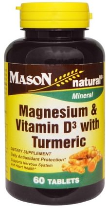 Magnesium & Vitamin D3 with Turmeric, 60 Tablets by Mason Naturals, 補充劑，抗氧化劑，薑黃素，維生素，維生素D3 HK 香港