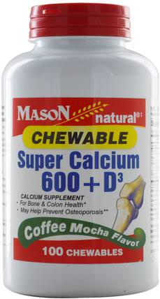 Super Calcium 600 + D3 Chewable, Coffee Mocha Flavor, 100 Chewables by Mason Naturals, 補充劑，礦物質，鈣維生素D，咀嚼鈣 HK 香港