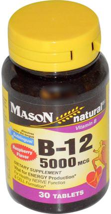 Vitamin B-12, Raspberry Flavor, 5000 mcg, 30 Sublingual Tablets by Mason Naturals, 維生素，維生素b，維生素b12，維生素b12 - cyanocobalamin HK 香港