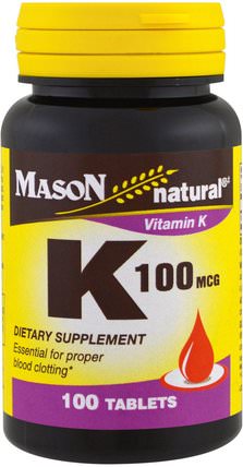 Vitamin K, 100 mcg, 100 Tablets by Mason Naturals, 維生素，維生素K HK 香港