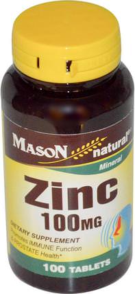 Zinc, 100 mg, 100 Tablets by Mason Naturals, 補品，礦物質，鋅 HK 香港