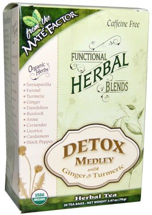 Organic Functional Herbal Blends, Detox Medley with Ginger and Turmeric, 20 Tea Bags, (3.5 g) Each by Mate Factor, 補充劑，抗氧化劑，薑黃素，食品，涼茶 HK 香港