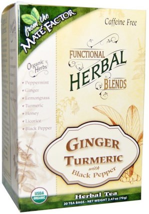 Organic Functional Herbal Blends, Ginger Turmeric with Black Pepper, 20 Tea Bags, (3.5 g) Each by Mate Factor, 補充劑，抗氧化劑，薑黃素，食品，涼茶 HK 香港