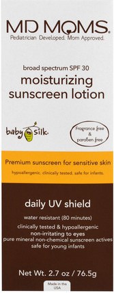 Baby Silk, Daily UV Shield, SPF 30+ Moisturizing Lotion, Fragrance Free, 2.7 oz (76.5 g) by MD Moms, 洗澡，美容，防曬霜，spf 30-45，兒童和嬰兒防曬霜 HK 香港