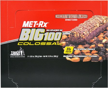Big 100 Colossal, Meal Replacement Bar, Chocolate Toasted Almond, 9 Bars, 3.52 oz (100 g) Each by MET-Rx, 食物，零食，健康零食，補品，營養棒 HK 香港