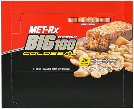 Big 100 Colossal, Meal Replacement Bar, Peanut Butter Caramel Crunch, 9 Bars, 3.52 oz (100 g) Each by MET-Rx, 食物，零食，健康零食，補品，營養棒 HK 香港