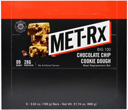 Big 100, Meal Replacement Bar, Chocolate Chip Cookie Dough, 9 Bars, 3.52 oz (100 g) Each by MET-Rx, 補品，營養棒，小吃 HK 香港