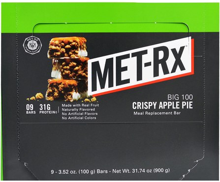 Big 100, Meal Replacement Bar, Crispy Apple Pie, 9 Bars, 3.52 oz (100 g) Each by MET-Rx, 食物，零食，健康零食，補品，營養棒 HK 香港