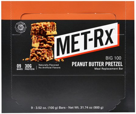 Big 100, Meal Replacement Bar, Peanut Butter Pretzel, 9 Bars, 3.52 oz (100 g) Each by MET-Rx, 補品，營養棒，小吃 HK 香港