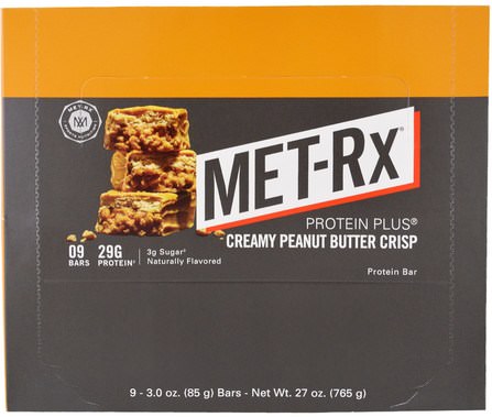 Protein Plus Bar, Creamy Peanut Butter Crisp, 9 Bars, 3.0 oz (85 g ) Each by MET-Rx, 補充劑，營養棒，蛋白棒 HK 香港