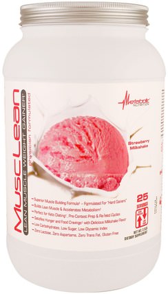 MuscLean, Lean Muscle Weight Gainer, Strawberry Milkshake, 2.5 lb by Metabolic Nutrition, 運動，補品，乳清蛋白 HK 香港