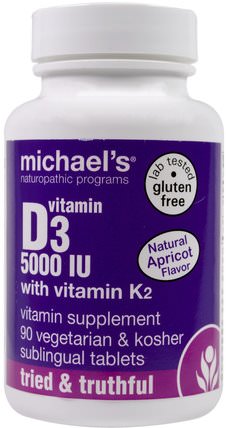 Vitamin D3, with Vitamin K2, Natural Apricot Flavor, 5.000 IU, 90 Sublingual Tablets by Michaels Naturopathic, 維生素，維生素D3 HK 香港