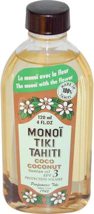 Suntan Oil, SPF 3 Protection Solaire, Coco Coconut, 4 fl oz (120 ml) by Monoi Tiare Tahiti, 沐浴，美容，椰子油皮膚，面部護理，曬傷防曬 HK 香港