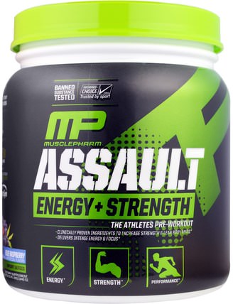 Assault Energy + Strength, Blue Raspberry, 12.17 oz (345 g) by MusclePharm, 運動，鍛煉 HK 香港