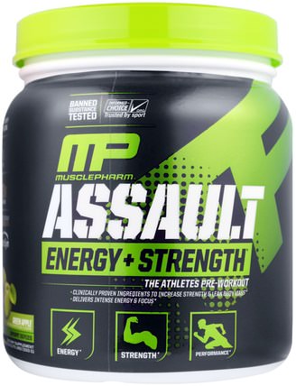 Assault, Energy + Strength, Pre-Workout, Green Apple, 11.75 oz (333 g) by MusclePharm, 健康，能量，運動，鍛煉 HK 香港
