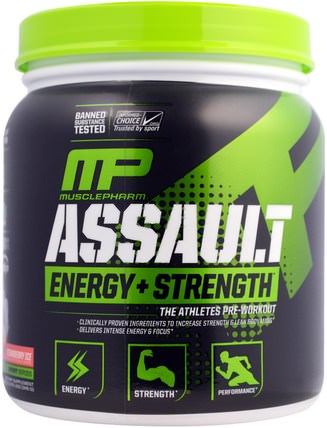Assault Energy + Strength, Pre-Workout, Strawberry Ice, 12.17 oz (345 g) by MusclePharm, 健康，能量，運動，鍛煉 HK 香港