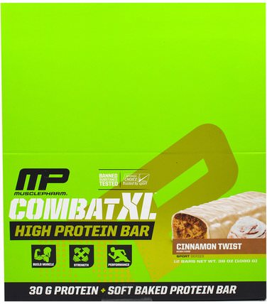 Combat XL High Protein Bar, Cinnamon Twist, 12 Bars, 38 oz (1080 g) by MusclePharm, 運動蛋白質，運動，蛋白質棒 HK 香港
