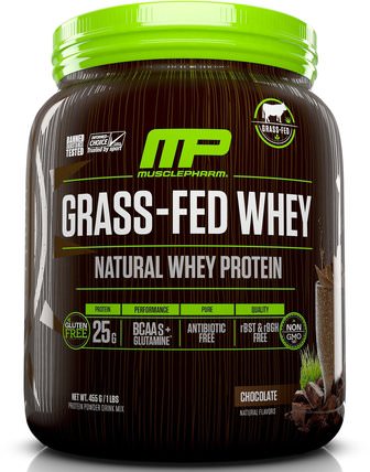 Grass-Fed Whey, Natural Whey Protein Drink Mix, Chocolate, 1 lbs (455 g) by MusclePharm Natural, 運動，補品，蛋白質 HK 香港