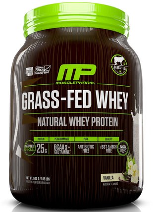 Grass-Fed Whey, Natural Whey Protein Powder Drink Mix, Vanilla, 1.85 lbs (840 g) by MusclePharm Natural, 運動，補品，蛋白質 HK 香港