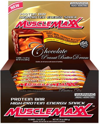 High-Protein Energy Snack, Chocolate Peanut Butter Dream, 12 Bars, 2 oz (57 g) Each by MuscleMaxx, 運動，蛋白質棒 HK 香港