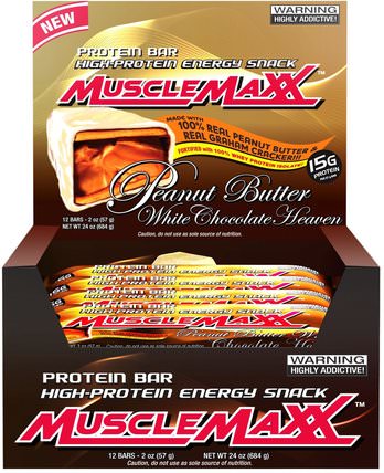 High-Protein Energy Snack, Protein Bar, Peanut Butter White Chocolate Heaven, 12 Bars, 2 oz (57 g) by MuscleMaxx, 運動，蛋白質棒 HK 香港