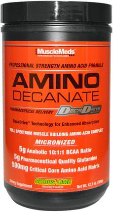 Amino Decanate, Professional Strength Amino Acid Formula, Citrus Lime, 12.7 oz (360 g) by MuscleMeds, 補充劑，氨基酸，氨基酸組合，運動，運動 HK 香港