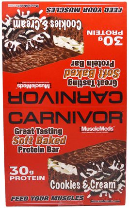 Carnivor Soft Baked Protein Bar, Cookies & Cream, 12 Bars, 3.2 oz (91 g) Each by MuscleMeds, 運動，蛋白質棒，肌肉 HK 香港
