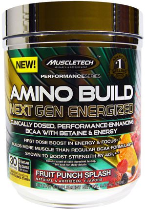 Amino Build Next Gen BCAA Formula With Betaine Energized, Fruit Punch Splash, 9.86 oz (280 g) by Muscletech, 補充劑，氨基酸，運動，bcaa（支鏈氨基酸） HK 香港