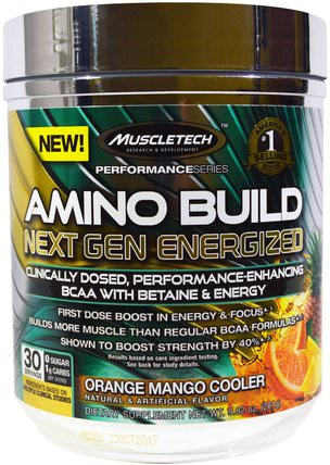 Amino Build Next Gen BCAA Formula With Betaine Energized, Orange Mango Cooler, 9.92 oz (281 g) by Muscletech, 補充劑，氨基酸，運動，bcaa（支鏈氨基酸） HK 香港