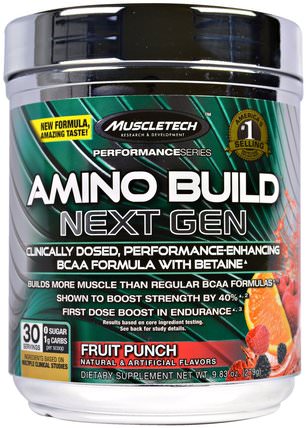 Amino Build Next Gen BCAA Formula With Betaine, Fruit Punch, 9.83 oz (279 g) by Muscletech, 補充劑，氨基酸，運動，bcaa（支鏈氨基酸） HK 香港