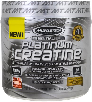 Essential Series, Platinum 100% Micronized Creatine, Unflavored, 0.88 lbs (400 g) by Muscletech, 體育 HK 香港