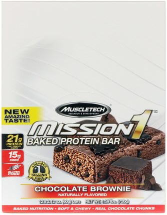 Mission1 Baked Protein Bar, Chocolate Brownie, 12 Bars, 2.12 oz (60 g) Each by Muscletech, 運動，mission1清潔蛋白棒 HK 香港