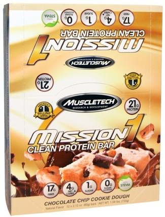 Mission1 Baked Protein Bar, Chocolate Chip Cookie Dough, 12 Bars, 2.12 oz (60 g) Each by Muscletech, 運動，mission1清潔蛋白棒 HK 香港