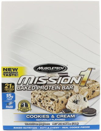 Mission1 Baked Protein Bar, Cookies & Cream, 12 Bars, 2.12 oz (60 g) Each by Muscletech, 運動，mission1清潔蛋白棒 HK 香港