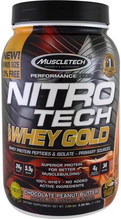 Nitro Tech, 100% Whey Gold, Chocolate Peanut Butter, 2.50 lbs (1.13 kg) by Muscletech, 補充劑，乳清蛋白，運動 HK 香港