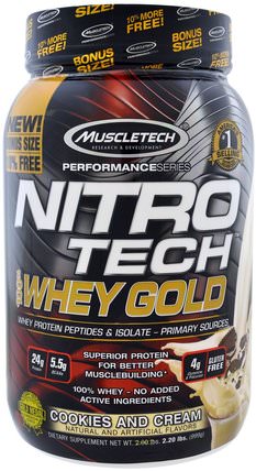 Nitro Tech, 100% Whey Gold, Cookies And Cream, 2.20 lbs (999 g) by Muscletech, 補充劑，乳清蛋白，運動 HK 香港