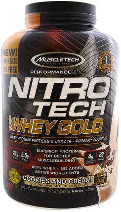 Nitro Tech 100% Whey Gold, Cookies and Cream, 5.53 lbs (2.51 kg) by Muscletech, 體育 HK 香港