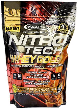Nitro Tech 100% Whey Gold, Double Rich Chocolate, 1.00 lbs (454 g) by Muscletech, 補充劑，乳清蛋白，運動 HK 香港