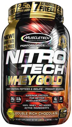 Nitro Tech, 100% Whey Gold, Double Rich Chocolate, 2.24 lbs (1.02 kg) by Muscletech, 體育，肌肉技術硝基科技 HK 香港