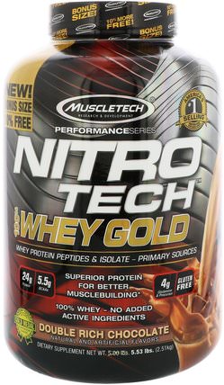 Nitro Tech, 100% Whey Gold, Double Rich Chocolate, 5.53 lbs (2.51 kg) by Muscletech, 運動，補品，乳清蛋白 HK 香港