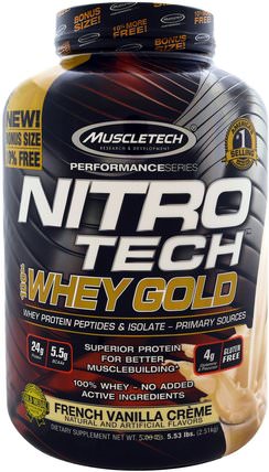 Nitro Tech, 100% Whey Gold, French Vanilla Creme, 5.53 lbs. (2.51 kg) by Muscletech, 體育 HK 香港