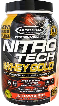 Nitro Tech, 100% Whey Gold, Strawberry, 2.20 lbs (999 g) by Muscletech, 體育 HK 香港