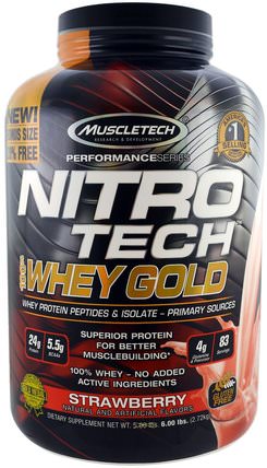 Nitro Tech 100% Whey Gold, Strawberry, 5.53 lbs (2.51 kg) by Muscletech, 體育 HK 香港