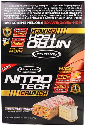 Nitro Tech Crunch Bars, Birthday Cake, 12 Bars, 2.29 oz (65 g) Each by Muscletech, 運動蛋白質，運動，蛋白質棒 HK 香港