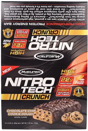 Nitro Tech Crunch Bars, Chocolate Chip Cookie Dough, 12 Bars, 2.29 oz (65 g) Each by Muscletech, 運動蛋白質，運動，蛋白質棒 HK 香港