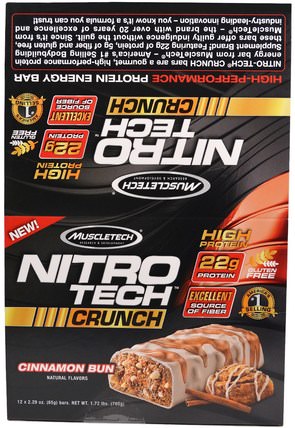Nitro Tech Crunch Bars, Cinnamon Bun, 12 Bars, 2.29 oz (65 g) Each by Muscletech, 運動蛋白質，運動，蛋白質棒 HK 香港