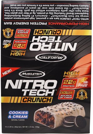 Nitro Tech Crunch Bars, Cookies & Cream, 12 Bars, 2.29 oz (65 g) Each by Muscletech, 運動蛋白質，運動，蛋白質棒 HK 香港
