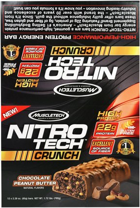 Nitro Tech Crunch Bars, Peanut Butter Chocolate, 12 Bars, 2.29 oz (65 g) Each by Muscletech, 運動蛋白質，運動 HK 香港