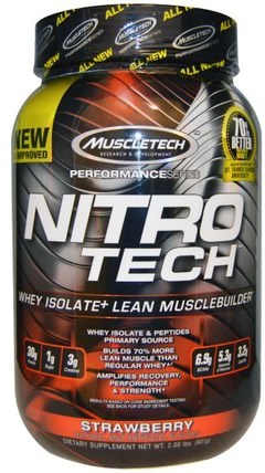 Nitro-Tech, Performance Series, Whey Isolate+ Lean Musclebuilder, Strawberry, 2 lbs (907 g) by Muscletech, 體育，肌肉技術硝基科技 HK 香港