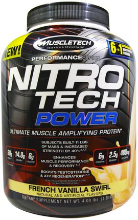 Nitro Tech Power, Ultimate Muscle Amplifying Protein, French Vanilla Swirl, 4.00 lbs (1.81 kg) by Muscletech, 體育，肌肉技術硝基科技 HK 香港
